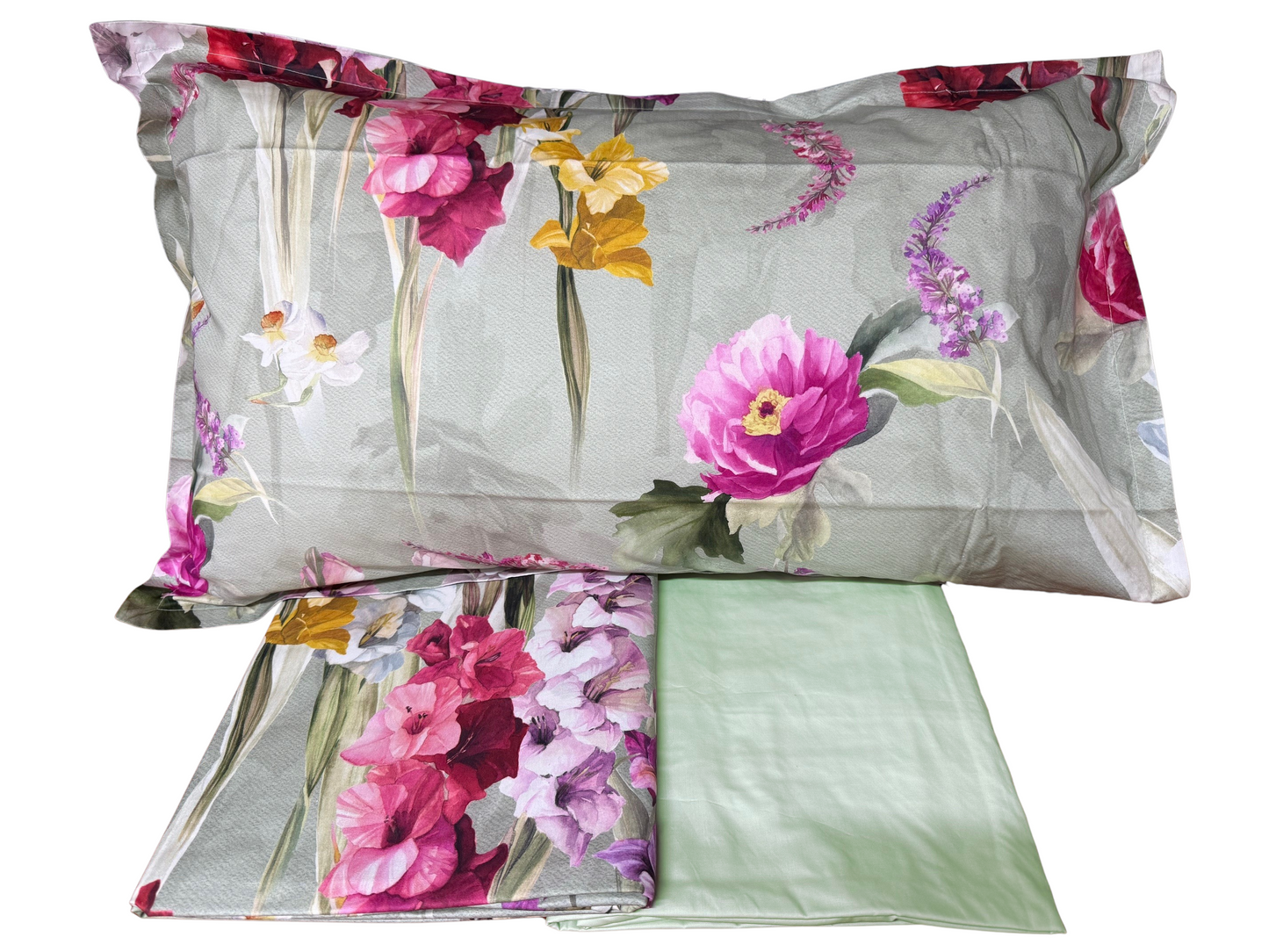 Mirabello Completo Lenzuola letto Due piazze in fine Percalle di Cotone, Effetto copriletto con Doppia Balza Art. Charming flowers