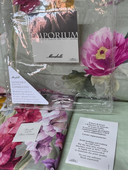 Mirabello Completo Lenzuola letto Due piazze in fine Percalle di Cotone, Effetto copriletto con Doppia Balza Art. Charming flowers