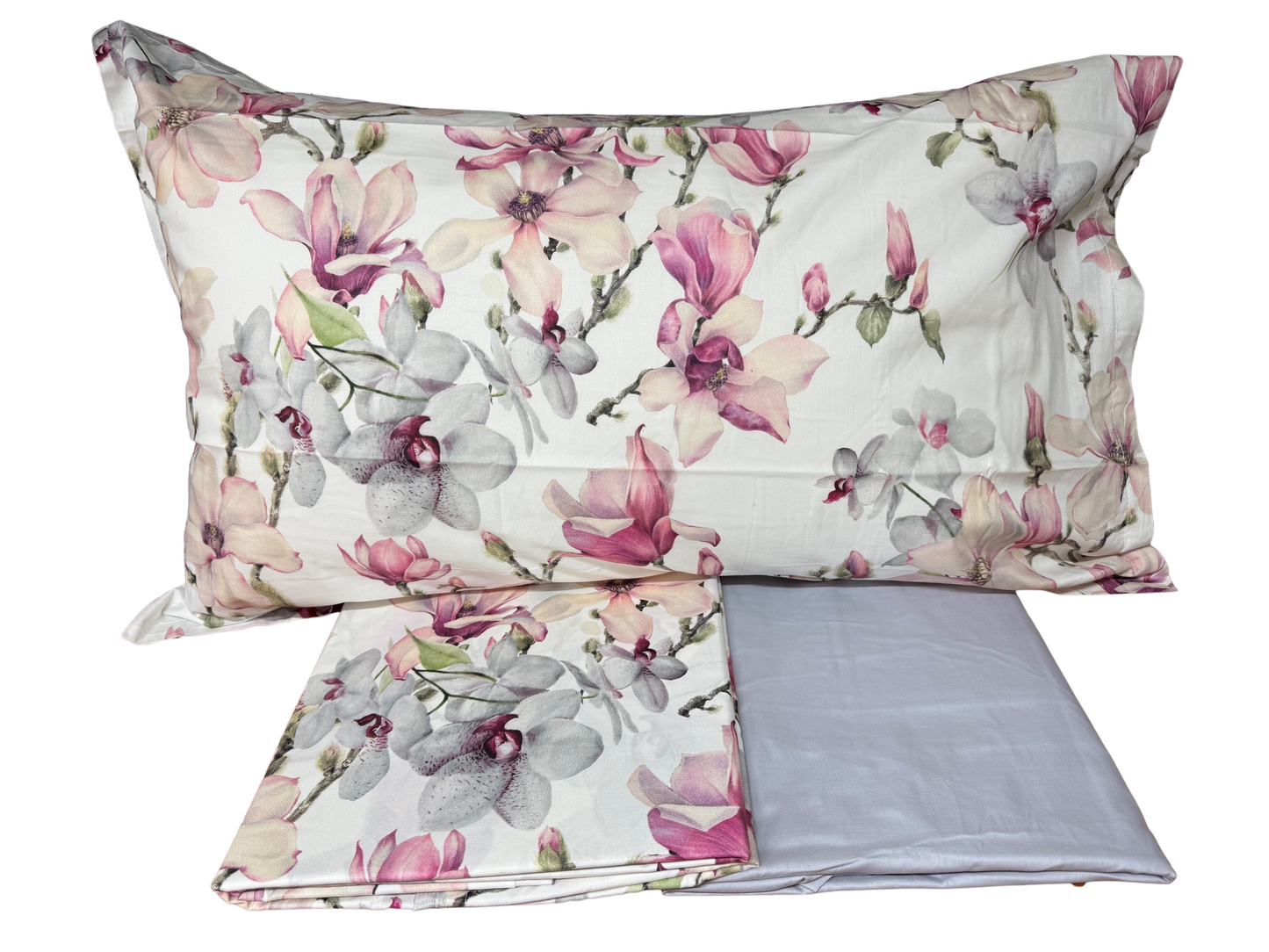 Mirabello Completo Lenzuola letto Due piazze in fine Percalle di Cotone, Effetto copriletto con Doppia Balza Art. Elegant Flowers