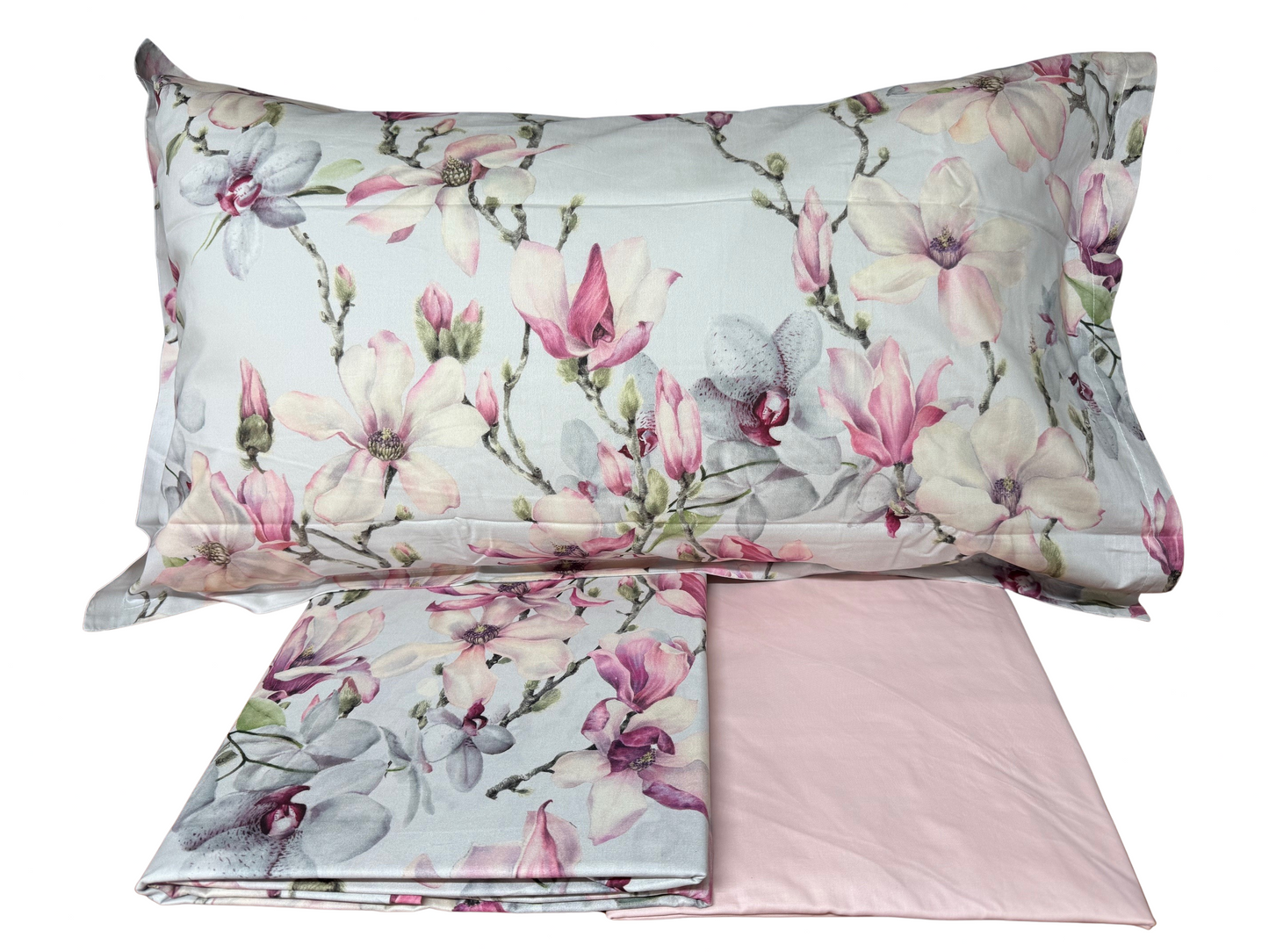 Mirabello Completo Lenzuola letto Due piazze in fine Percalle di Cotone, Effetto copriletto con Doppia Balza Art. Elegant Flowers