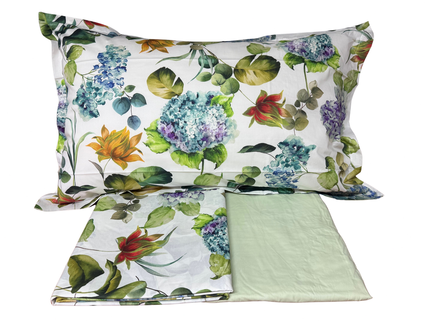 Mirabello Completo Lenzuola letto Due piazze in fine Percalle di Cotone, Effetto copriletto con Doppia Balza Art. Hydrangea Jungle