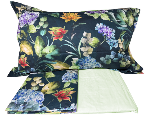 Mirabello Completo Lenzuola letto Due piazze in fine Percalle di Cotone, Effetto copriletto con Doppia Balza Art. Hydrangea Jungle