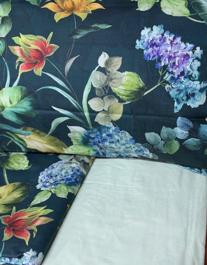 Mirabello Completo Lenzuola letto Due piazze in fine Percalle di Cotone, Effetto copriletto con Doppia Balza Art. Hydrangea Jungle