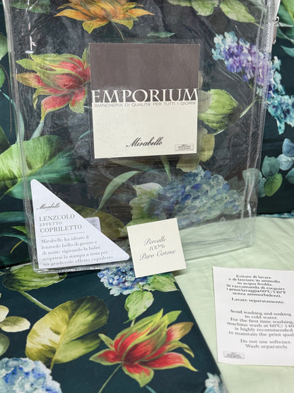 Mirabello Completo Lenzuola letto Due piazze in fine Percalle di Cotone, Effetto copriletto con Doppia Balza Art. Hydrangea Jungle