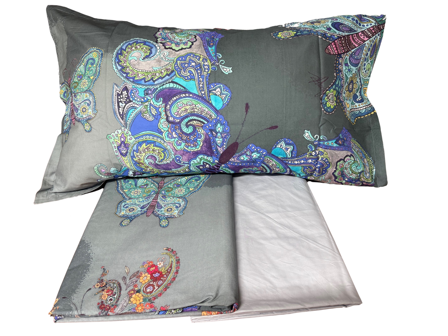 Mirabello Completo Lenzuola letto Due piazze in fine Percalle di Cotone, Effetto copriletto con Doppia Balza Art. Mariposa