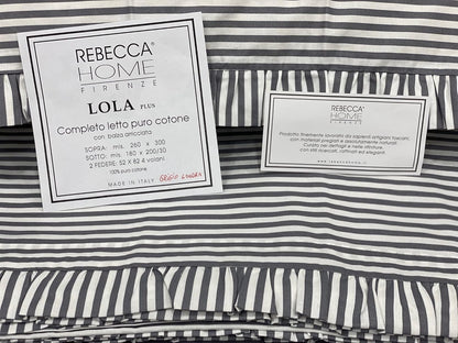 Rebecca Home fine set of French percale cotton bed sheets with four-ruffle pillowcases country chic style art. Lola plus