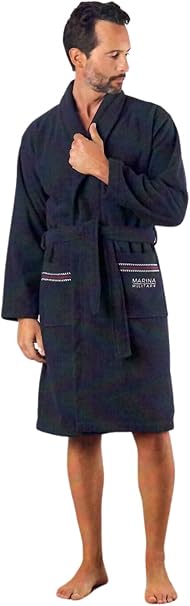 Navy Men's Bathrobe without Hood in Pure Rice Grain Sponge 480 gr/m2 Art. 6M98475MM col. Blue