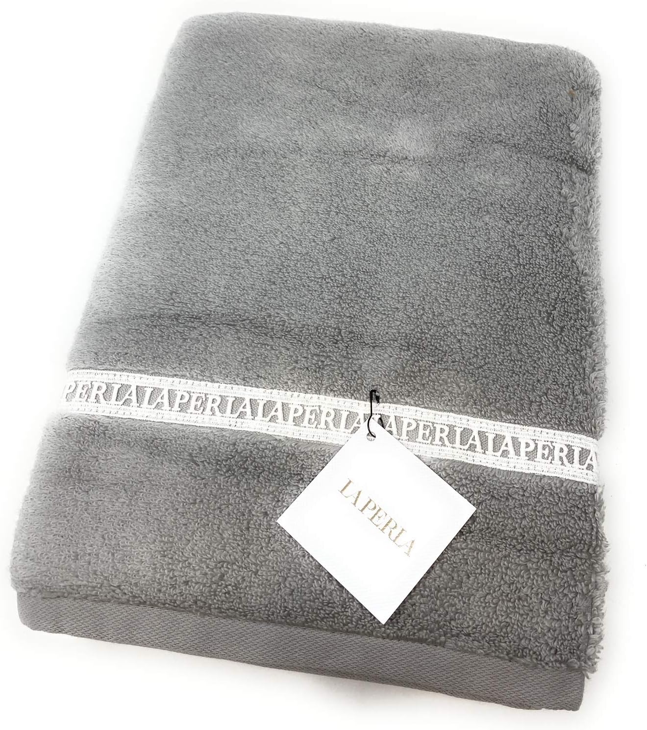 Serviette de douche Fazzini La Perla Home by en éponge 100% pur coton avec dentelle macramé appliquée. Macramé cm. 100x150