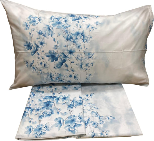 Parure de lit double complète Mirabello en percale 100% pur coton art. Fleur d'amandier