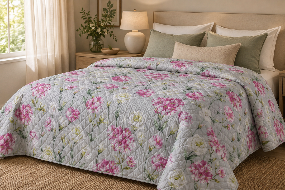 Mirabello Quilt trapuntato Una Piazza e Mezza in Puro Percalle double-face art. Lisianthus