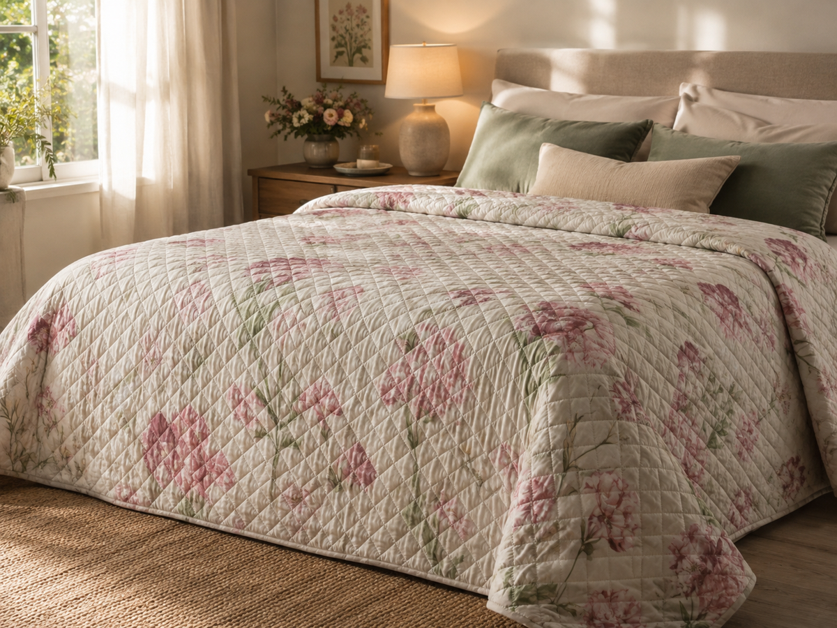 Mirabello Quilt trapuntato per Letto Singolo in Puro Percalle double-face art. Lisianthus