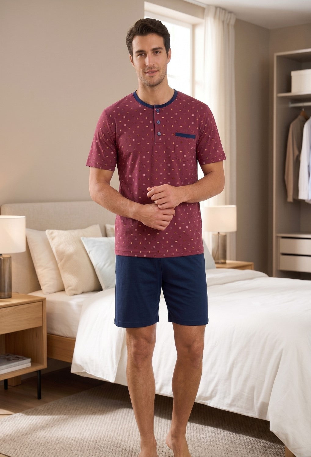 Bip Bip Pigiama per Uomo Due Pezzi Manica e Pantalone Corti Modello Serafino con Tre Bottoni in Puro Cotone makò Mercerizzato Peso Primaverile Art. 1907