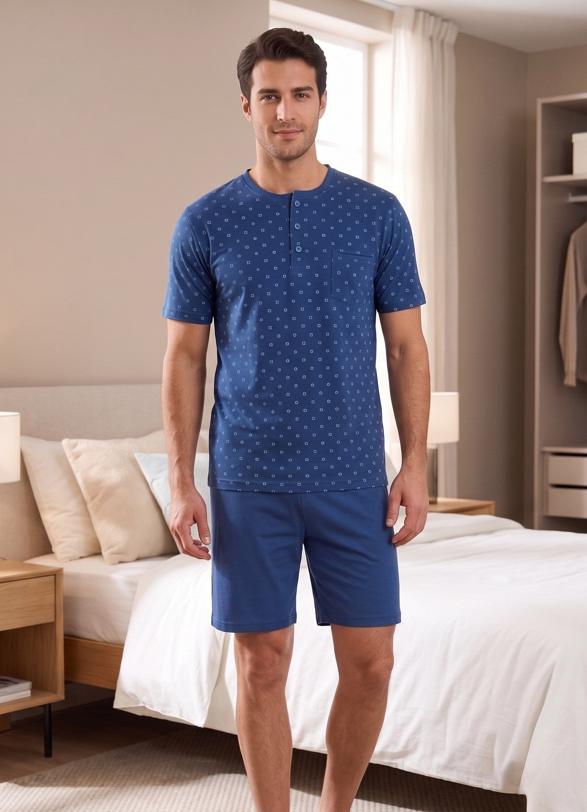 Bip Bip Pigiama per Uomo Due Pezzi Manica e Pantalone Corti Modello Serafino con Tre Bottoni in Puro Cotone makò Mercerizzato Peso Primaverile Art. 1907