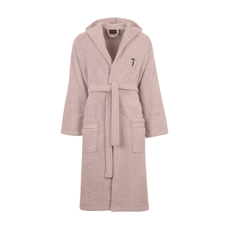 Trussardi Hooded bathrobe in solid color terry with logo art. Ribbon 