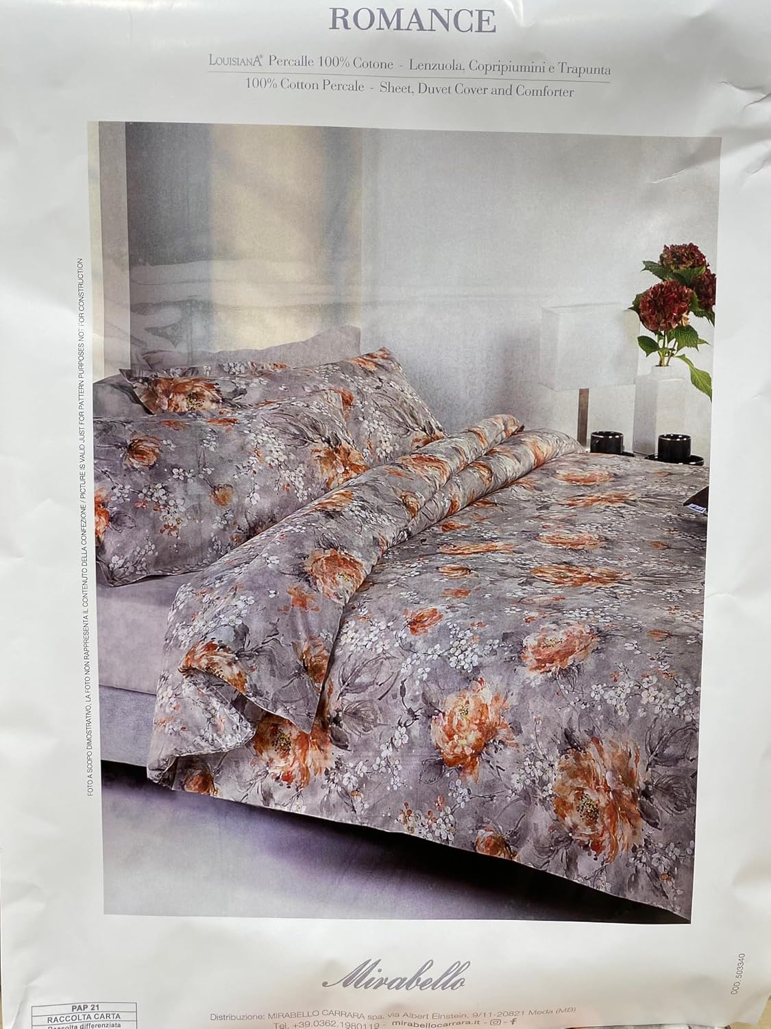 Ensemble housse de couette double Mirabello (sans drap de dessous) en percale de pur coton de Louisiane art. Romance