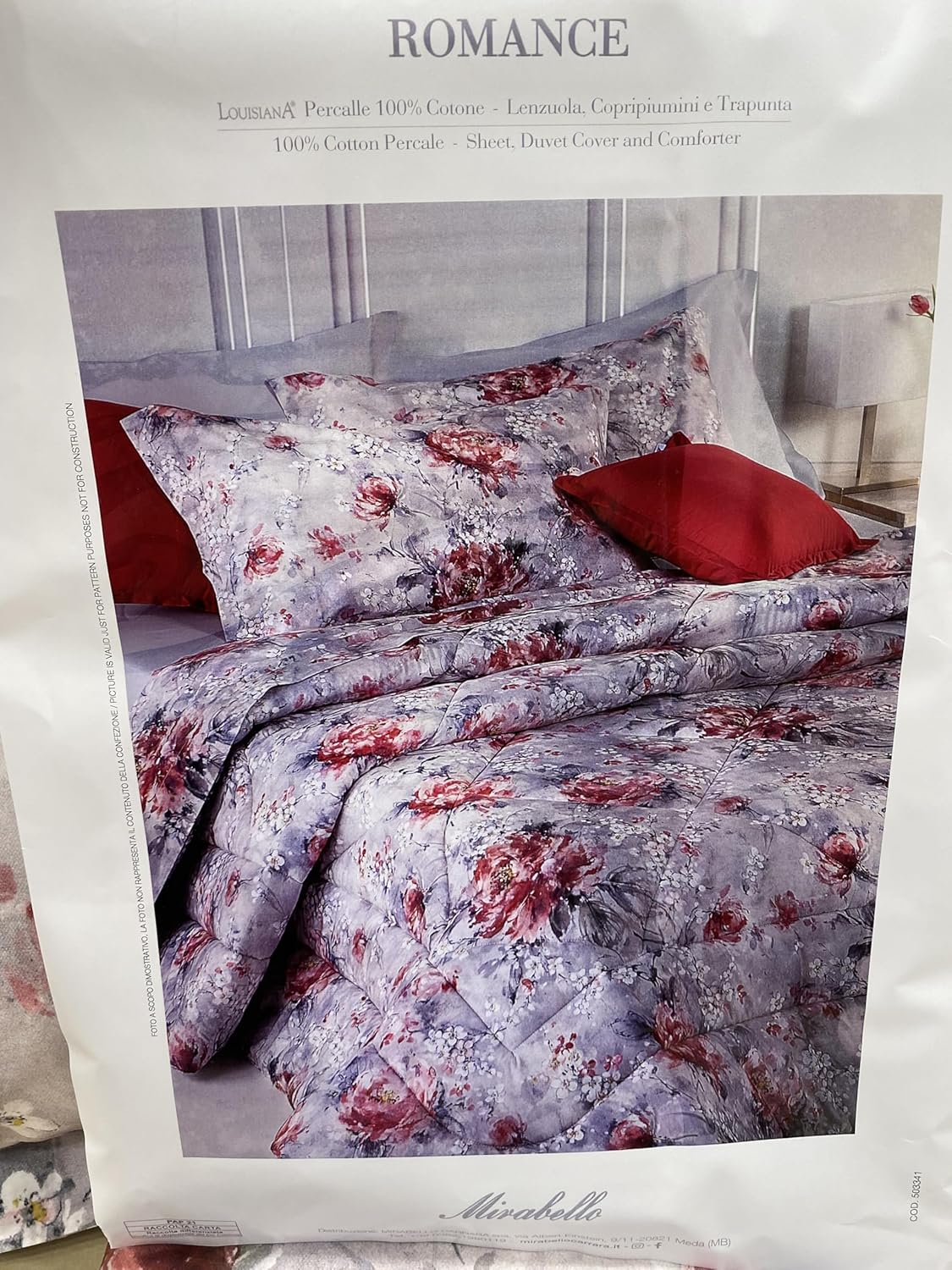 Ensemble housse de couette double Mirabello (sans drap de dessous) en percale de pur coton de Louisiane art. Romance