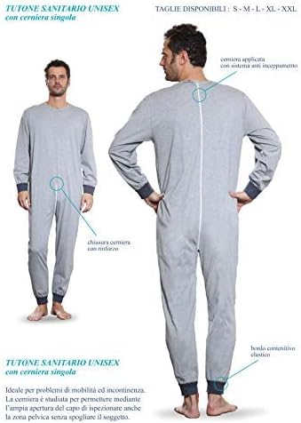 Pyjama ou salopette hygiénique unisexe BIP BIP pour patients en pur coton hypoallergénique avec fermeture éclair dans le dos Art. 10SANU