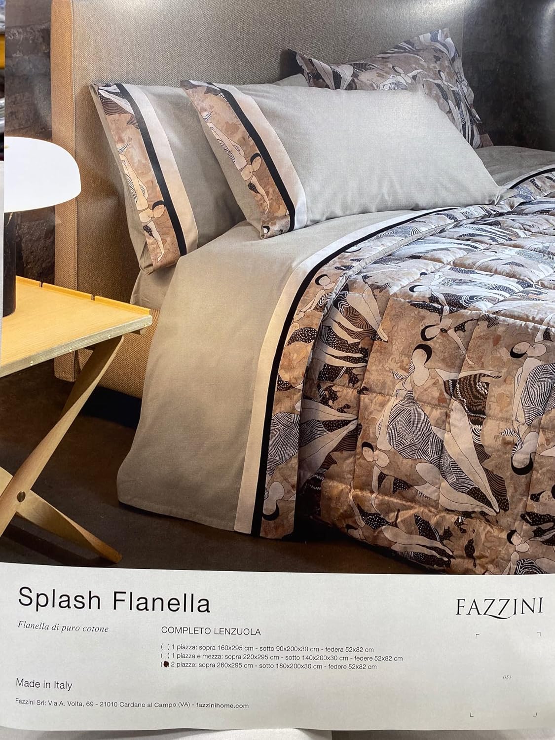 Fazzini complete set of French size single and a half bed sheets in warm pure cotton flannel art. Splash