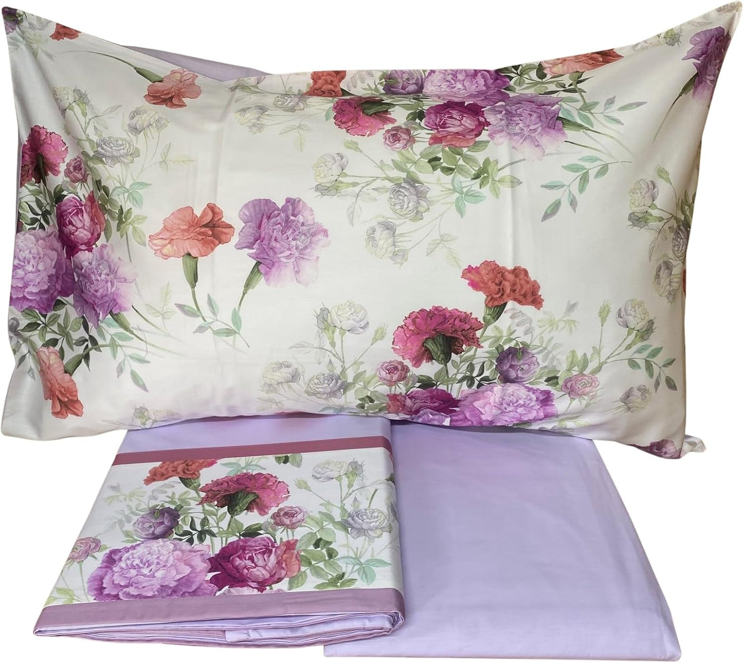 Fazzini complete double bed sheets in Pure Cotton Satin 300TC with Silk and Dream finishing art. Summer