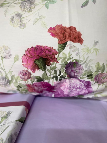 Fazzini complete double bed sheets in Pure Cotton Satin 300TC with Silk and Dream finishing art. Summer