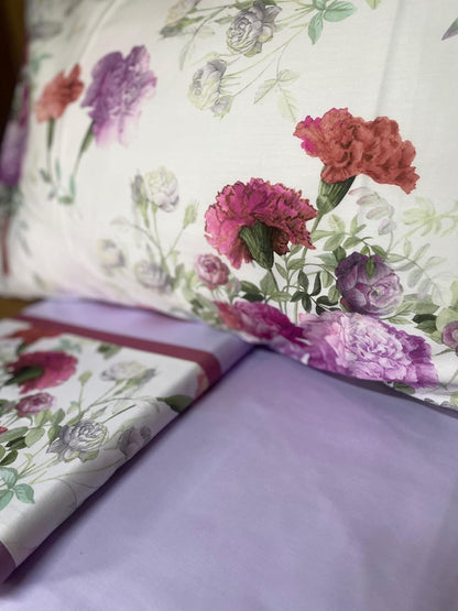 Fazzini complete double bed sheets in Pure Cotton Satin 300TC with Silk and Dream finishing art. Summer