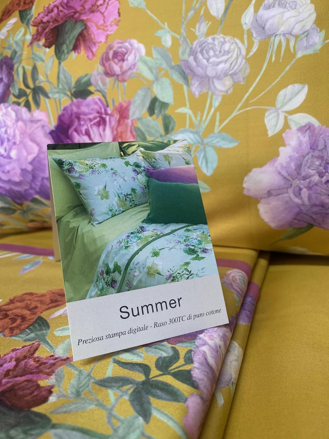 Fazzini complete double bed sheets in Pure Cotton Satin 300TC with Silk and Dream finishing art. Summer