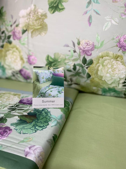 Fazzini complete double bed sheets in Pure Cotton Satin 300TC with Silk and Dream finishing art. Summer