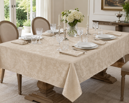 Tovaglia da Tavola con Tovaglioli in Fiandra Damascata Jacquard con Orlo a Giorno 100% Cotone Mercerizzato Art. Beatrice