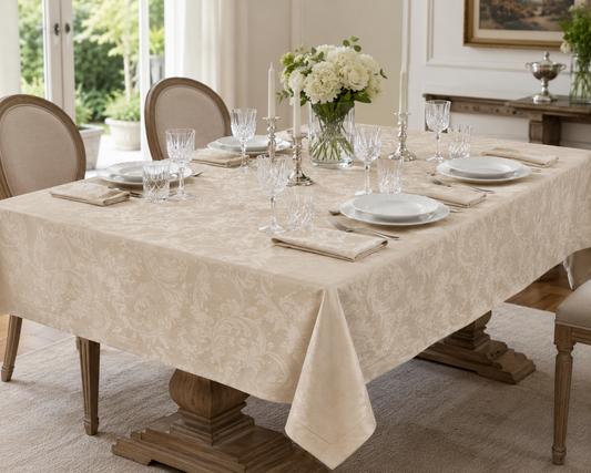 Tovaglia da Tavola con Tovaglioli in Fiandra Damascata Jacquard con Orlo a Giorno 100% Cotone Mercerizzato Art. Beatrice