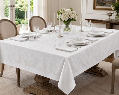 Tovaglia da Tavola con Tovaglioli in Fiandra Damascata Jacquard con Orlo a Giorno 100% Cotone Mercerizzato Art. Beatrice