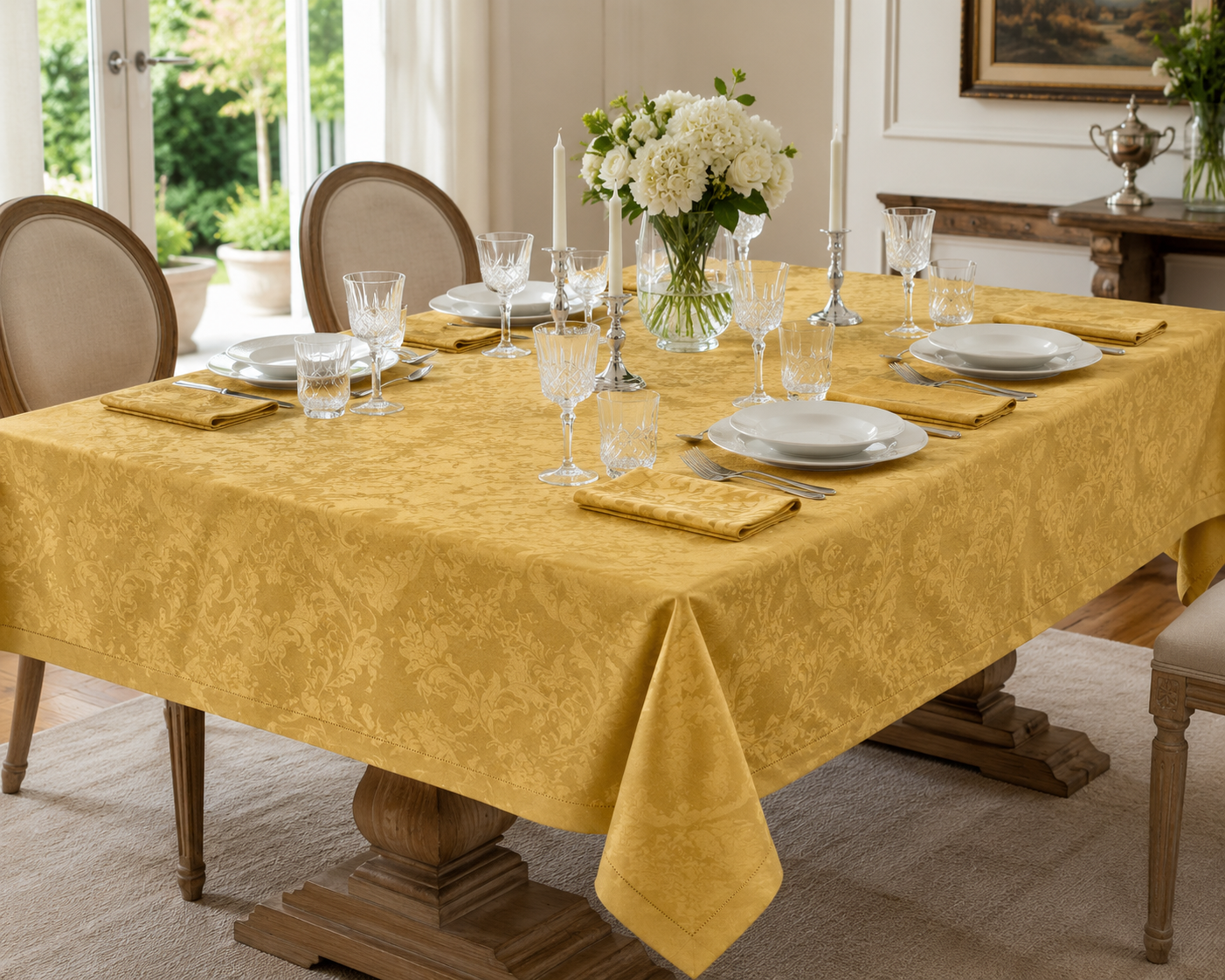 Tovaglia da Tavola con Tovaglioli in Fiandra Damascata Jacquard con Orlo a Giorno 100% Cotone Mercerizzato Art. Beatrice