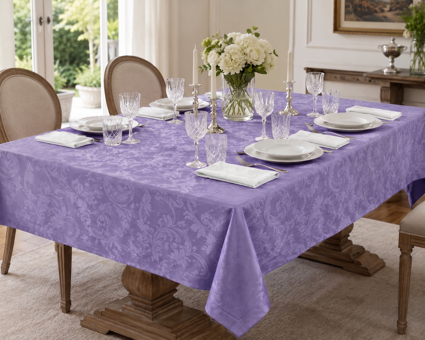 Piazza Pitti Elegant Tablecloth with Napkins in Pure Cotton Damask Jacquard Workmanship with Hemstitch Art. Manuela