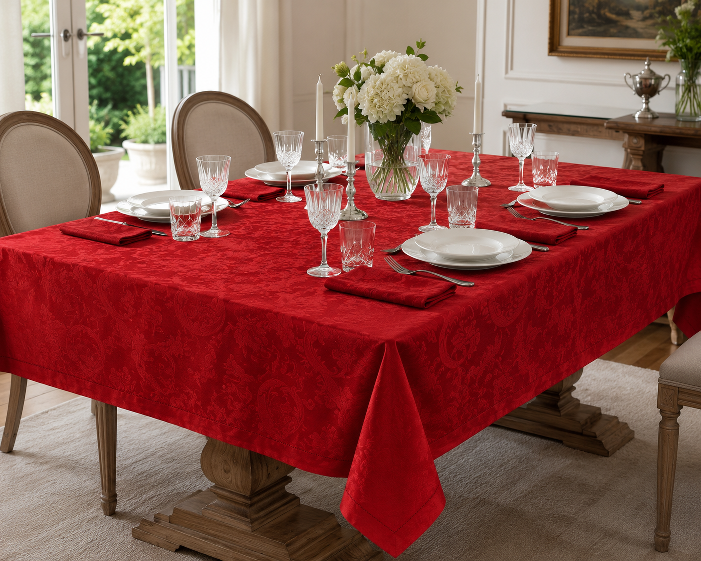 Tovaglia da Tavola con Tovaglioli in Fiandra Damascata Jacquard con Orlo a Giorno 100% Cotone Mercerizzato Art. Beatrice