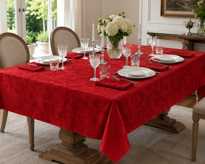 Tovaglia da Tavola con Tovaglioli in Fiandra Damascata Jacquard con Orlo a Giorno 100% Cotone Mercerizzato Art. Beatrice