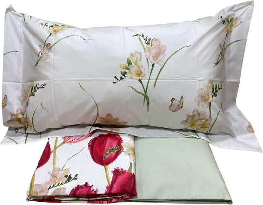 Mirabello Complete Double Bed Sheets in Fine Louisiana Cotton Percale, Bedspread Effect with Double Ruffle Art. Tulip's field