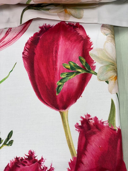 Mirabello Complete Double Bed Sheets in Fine Louisiana Cotton Percale, Bedspread Effect with Double Ruffle Art. Tulip's field