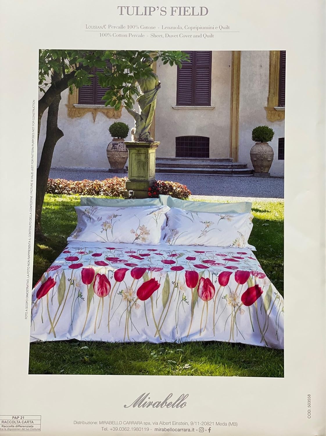 Mirabello Complete Double Bed Sheets in Fine Louisiana Cotton Percale, Bedspread Effect with Double Ruffle Art. Tulip's field