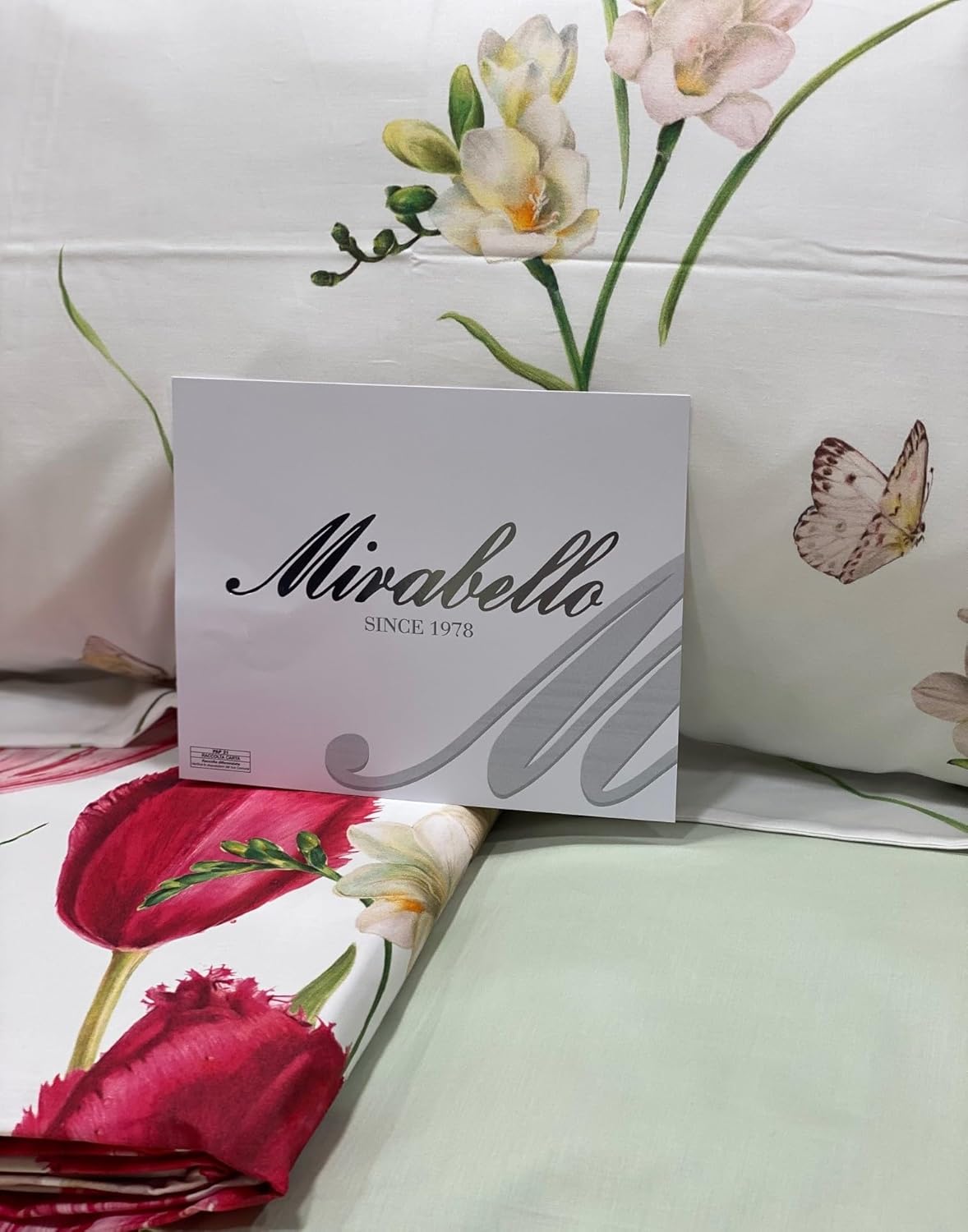 Mirabello Complete Double Bed Sheets in Fine Louisiana Cotton Percale, Bedspread Effect with Double Ruffle Art. Tulip's field