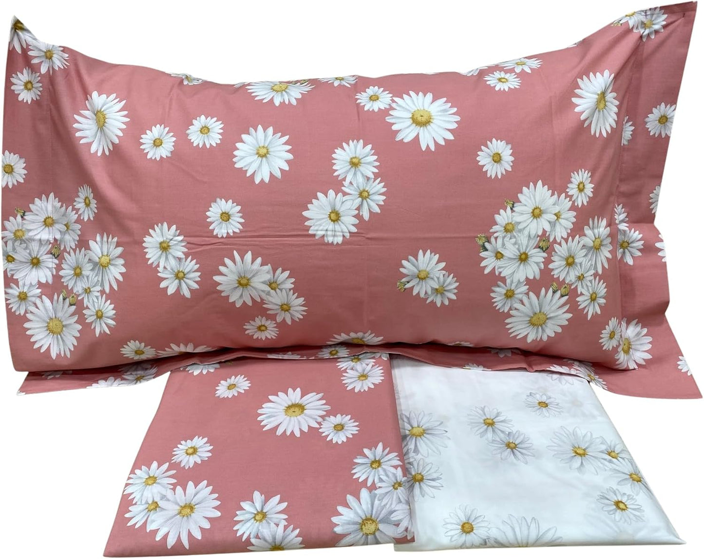 Mirabello Complete Double Bed Sheets in Fine Cotton Percale, Bedspread Effect with Double Ruffle Art. White Daisy