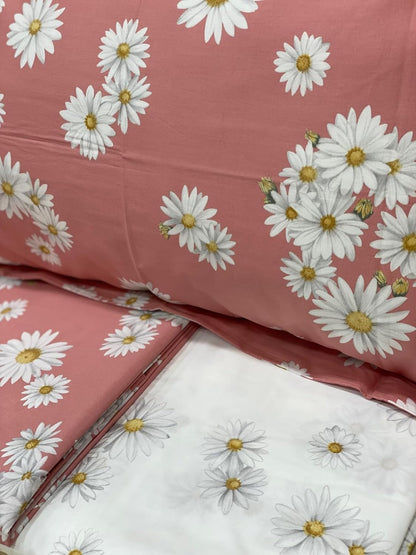 Mirabello Complete Double Bed Sheets in Fine Cotton Percale, Bedspread Effect with Double Ruffle Art. White Daisy