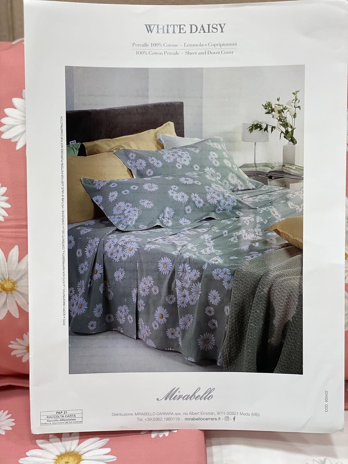 Mirabello Complete Double Bed Sheets in Fine Cotton Percale, Bedspread Effect with Double Ruffle Art. White Daisy